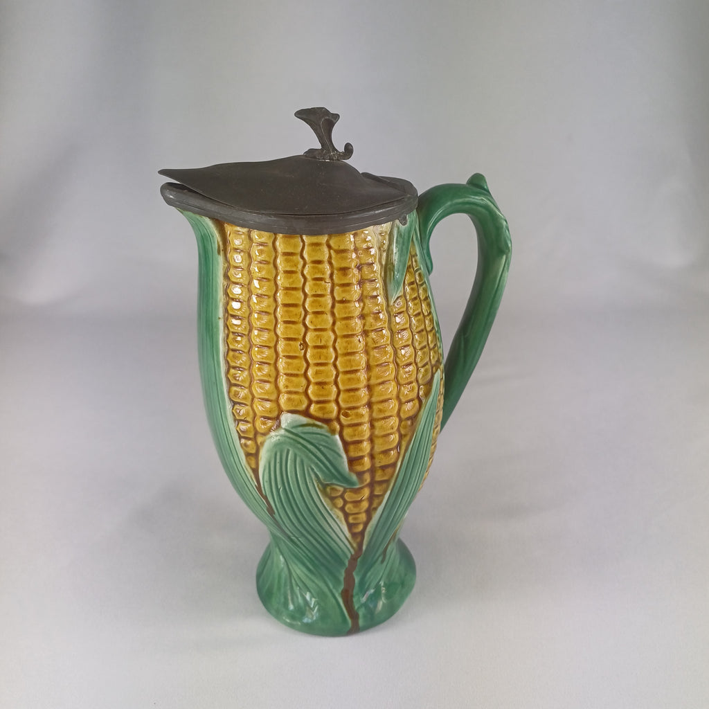 1880 Majolica Sweetcorn Jug with pewter Lid