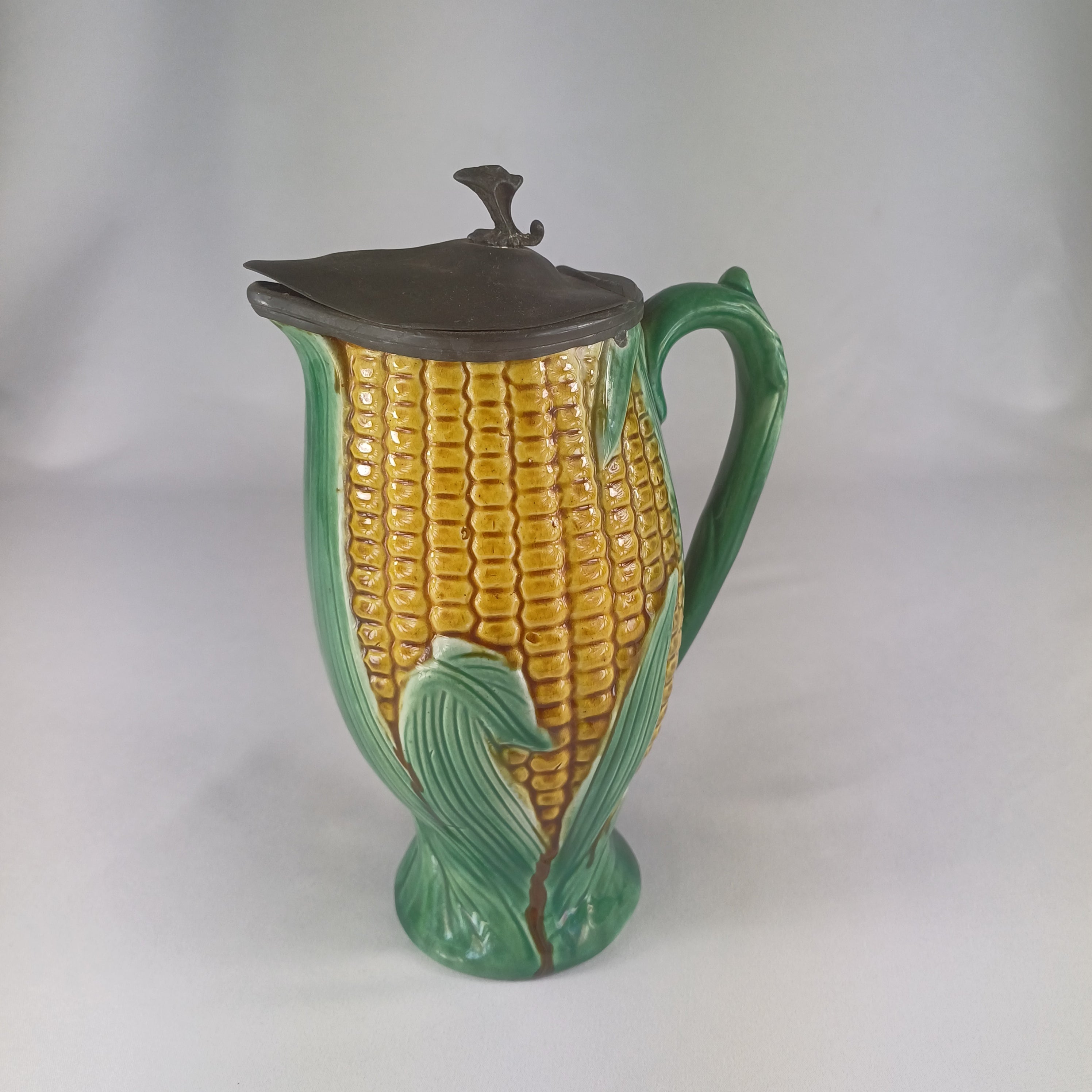 1880 Majolica Sweetcorn Jug with pewter Lid
