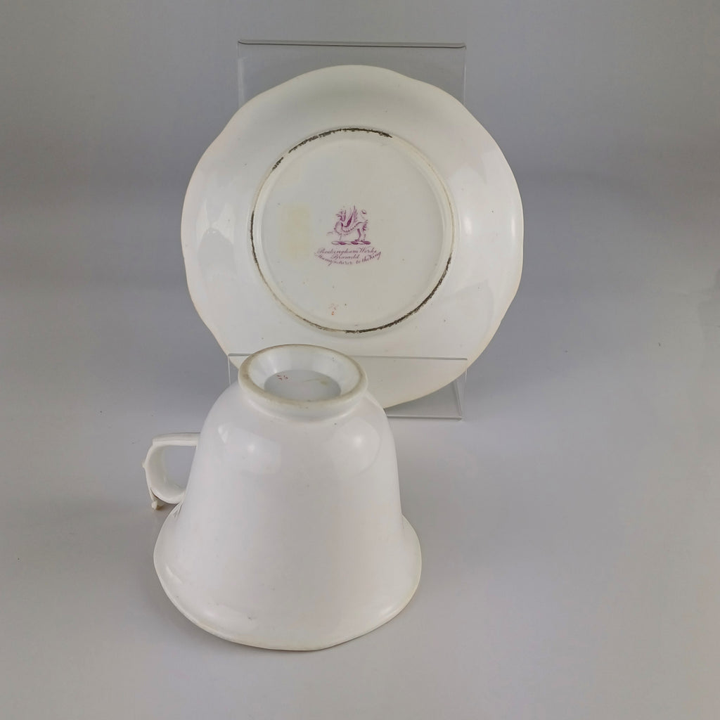 Rockingham Brameld Porcelain Green and White Teacup and Saucer c1830