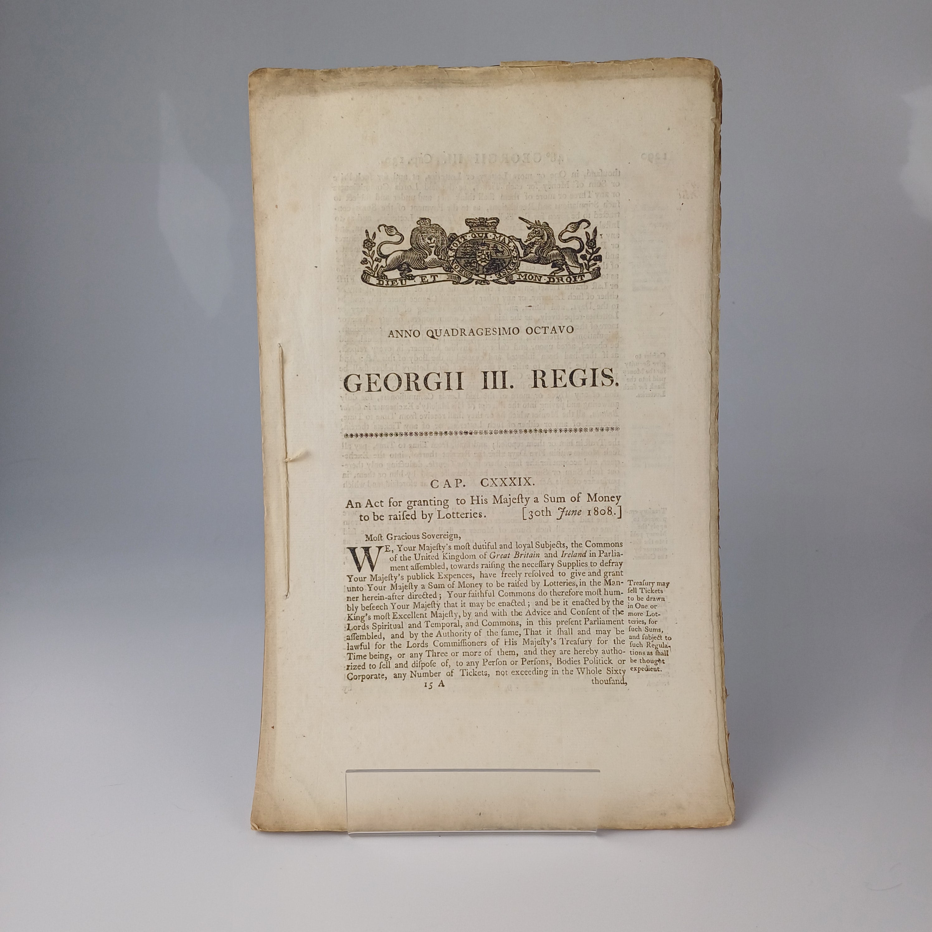 George III Act of Parliament for Lotteries 1808