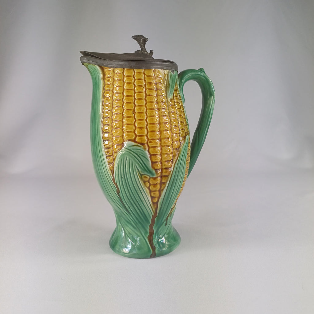 Majolica Sweetcorn Jug with Pewter Lid c1880