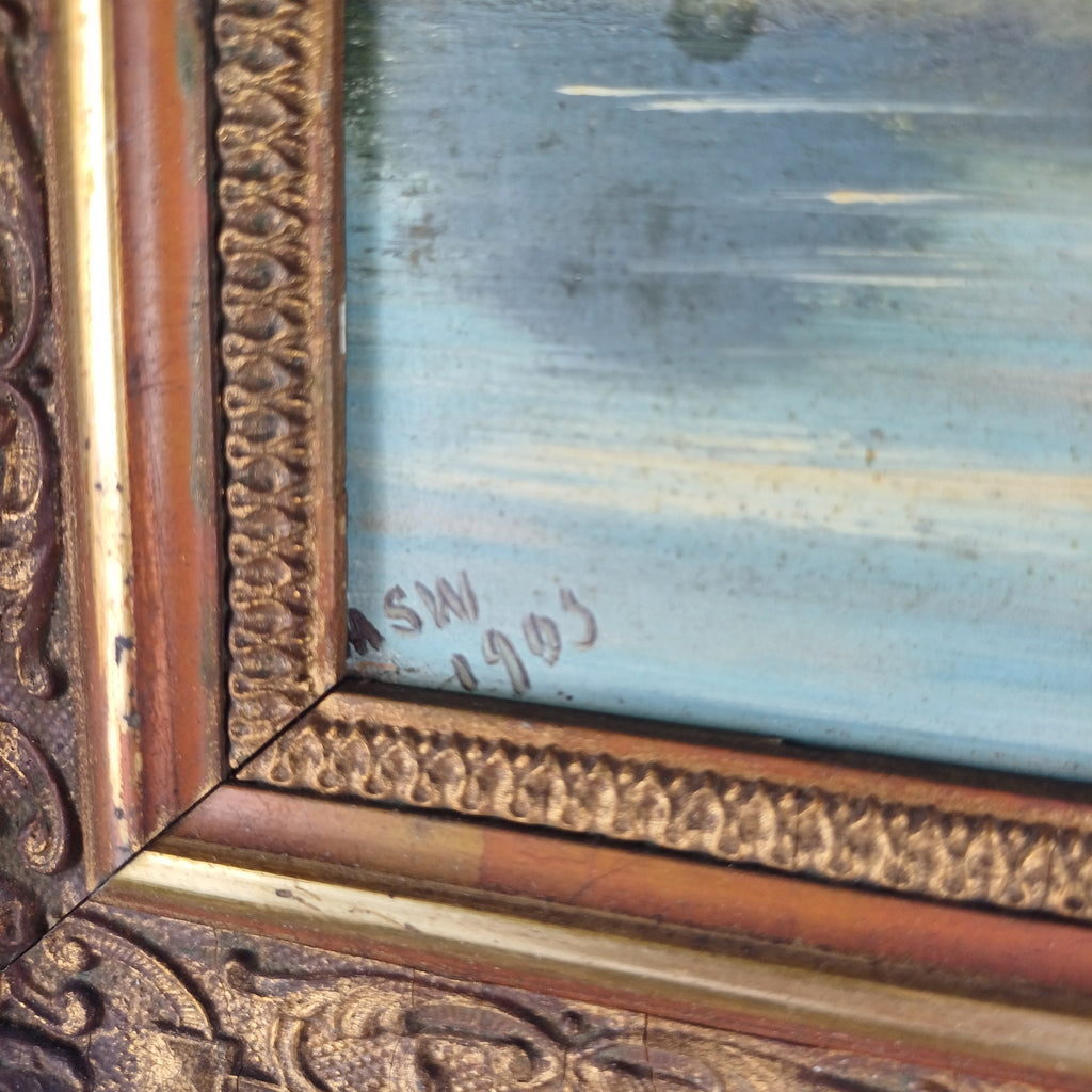Painting on board of Christchurch Priory and the Norman House signed and dated 1905