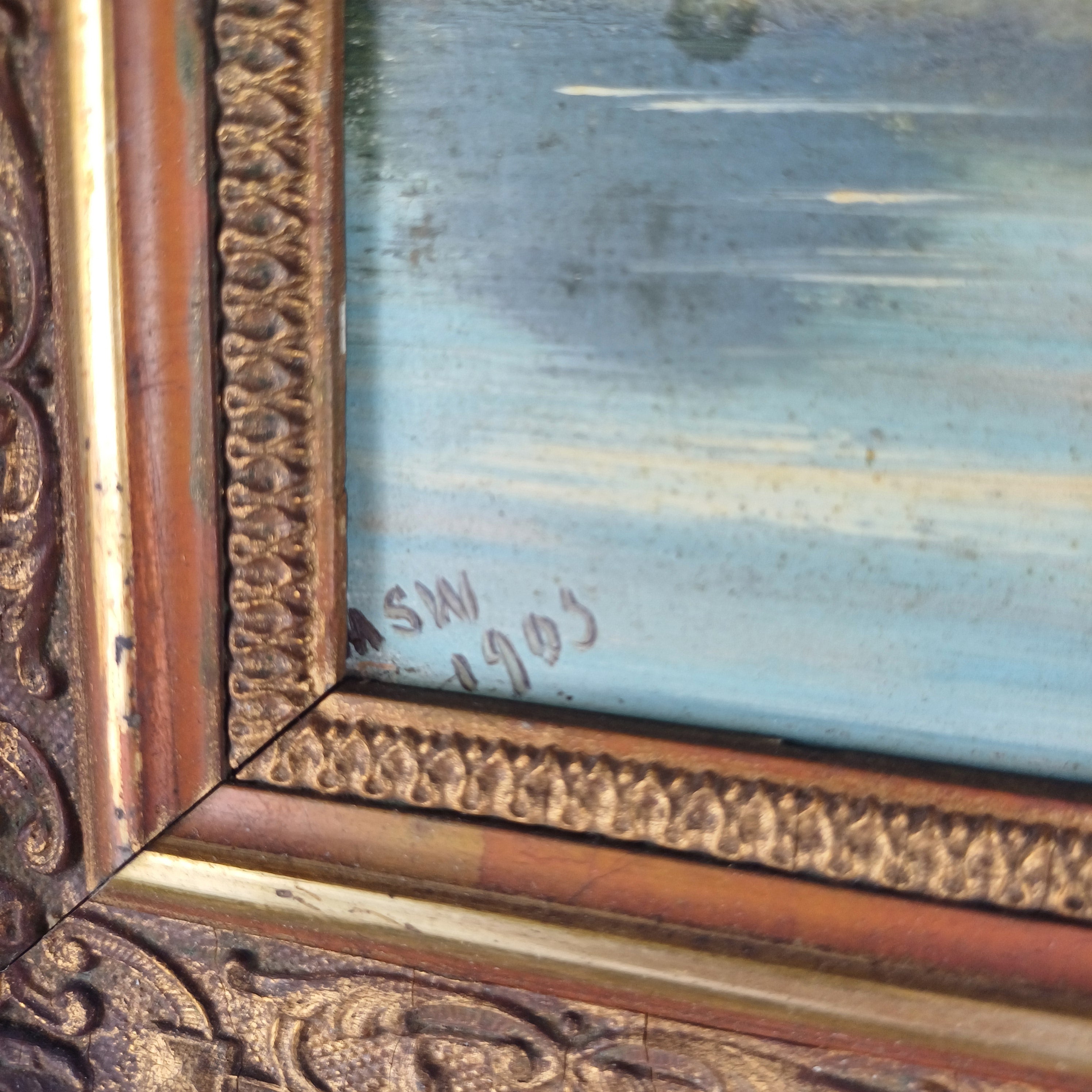 Painting on board of Christchurch Priory and the Norman House signed and dated 1905