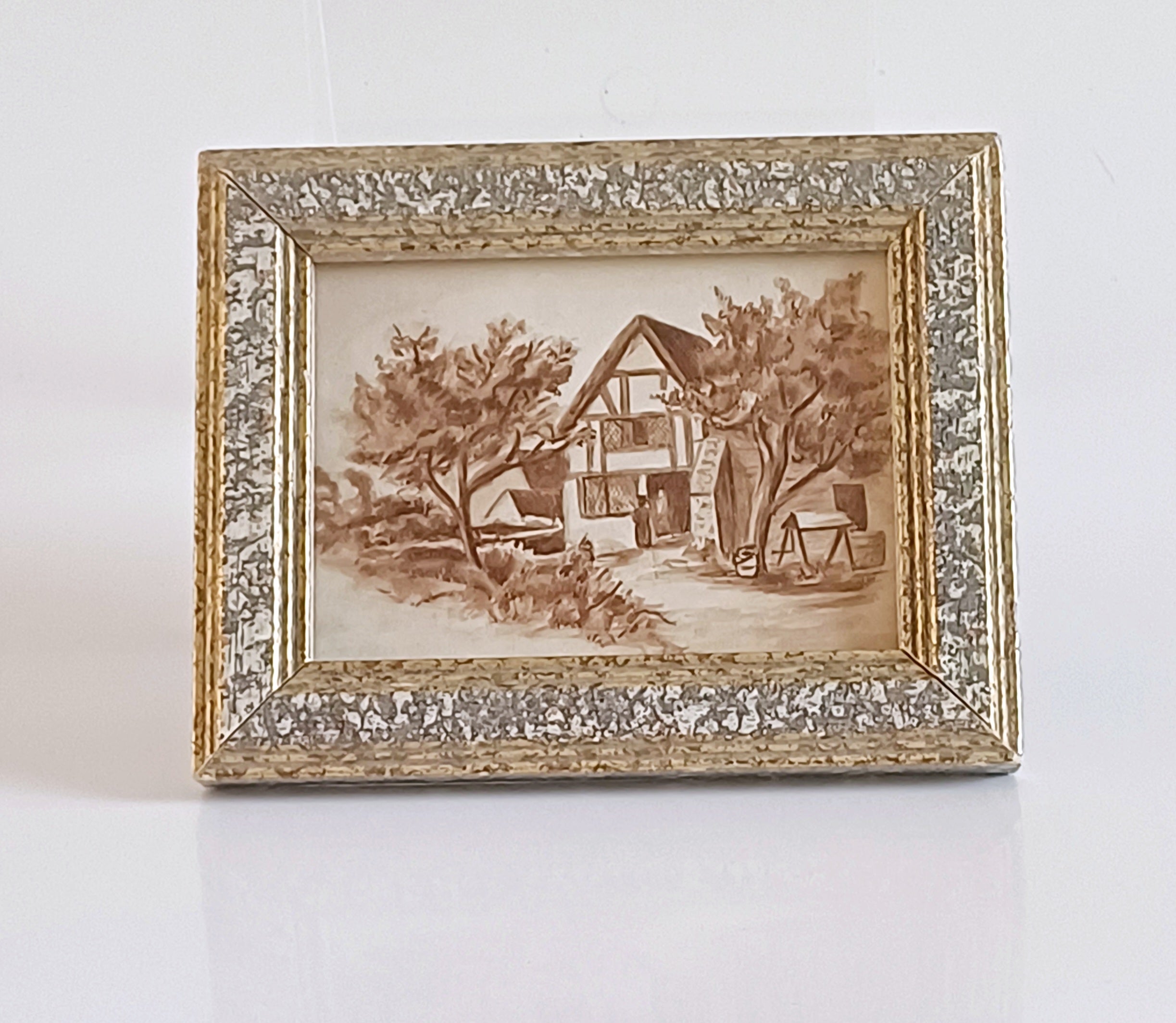 Miniture Charming Early 20th Century Sepia Ink Sketch – Tudor Cottage