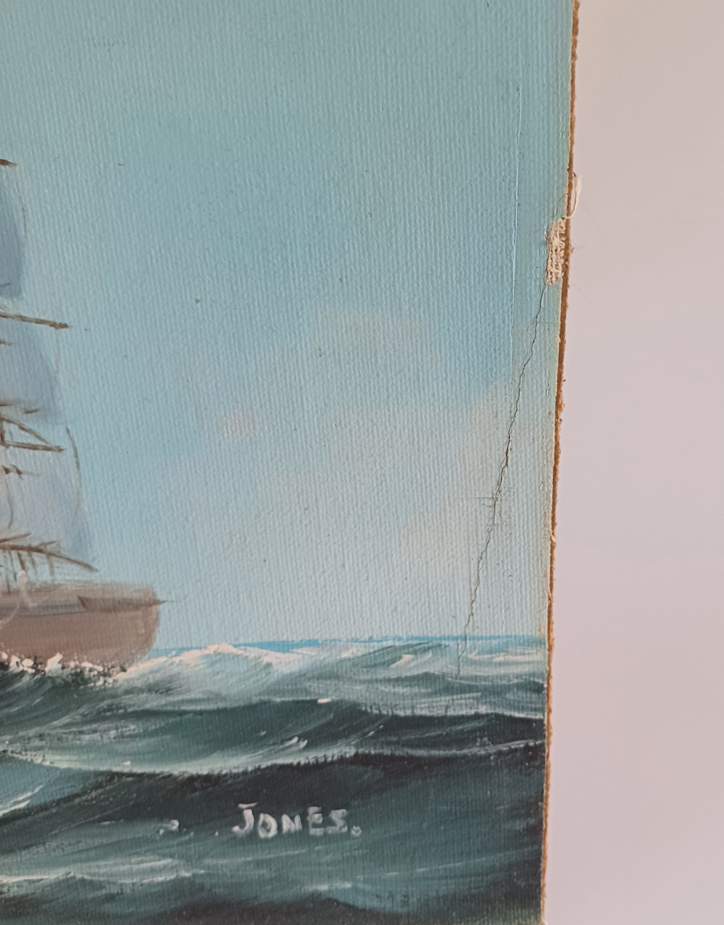 Mid Century Oil on Board – Ship at Sea Signed “Jones”