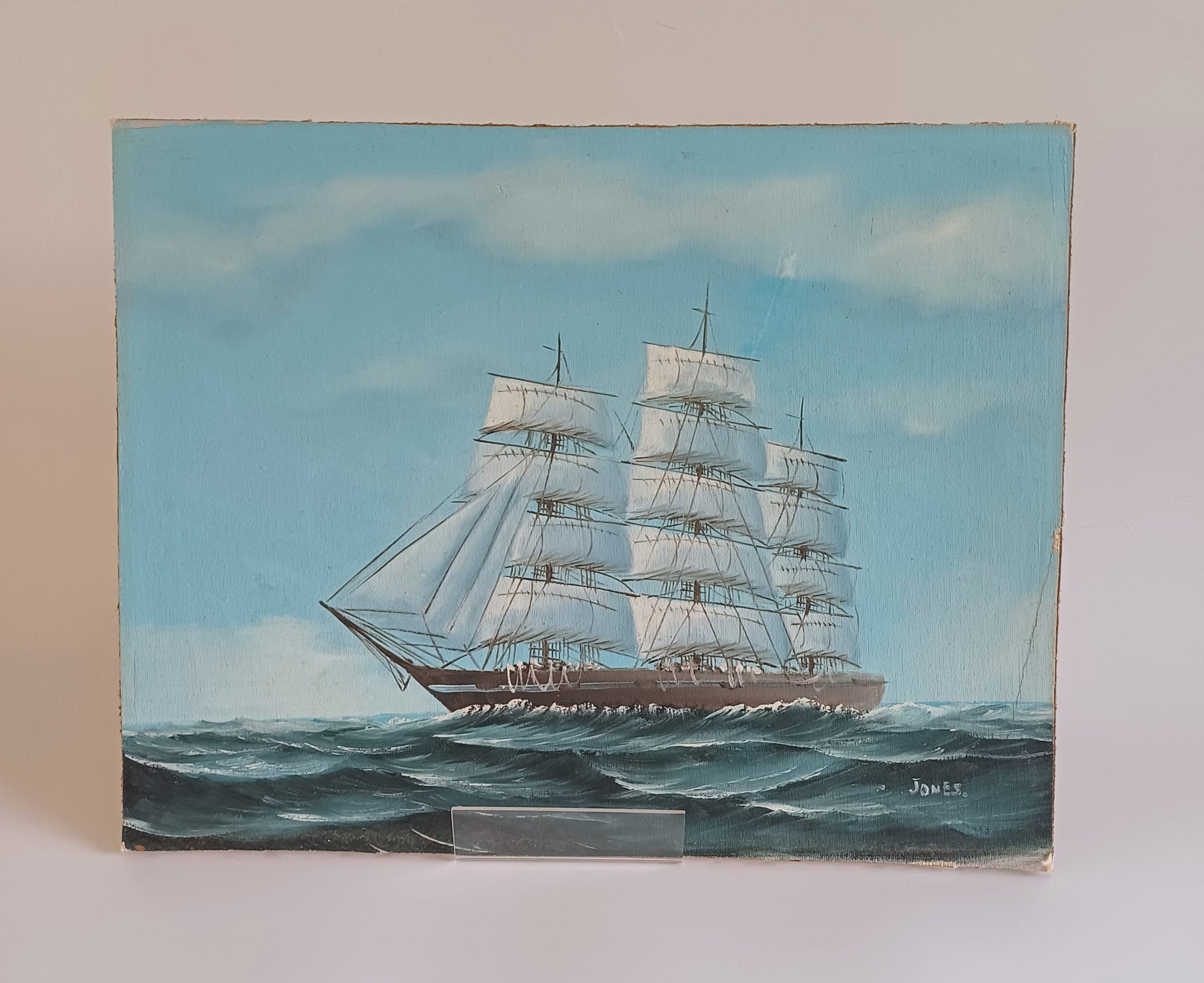 Mid Century Oil on Board – Ship at Sea Signed “Jones”