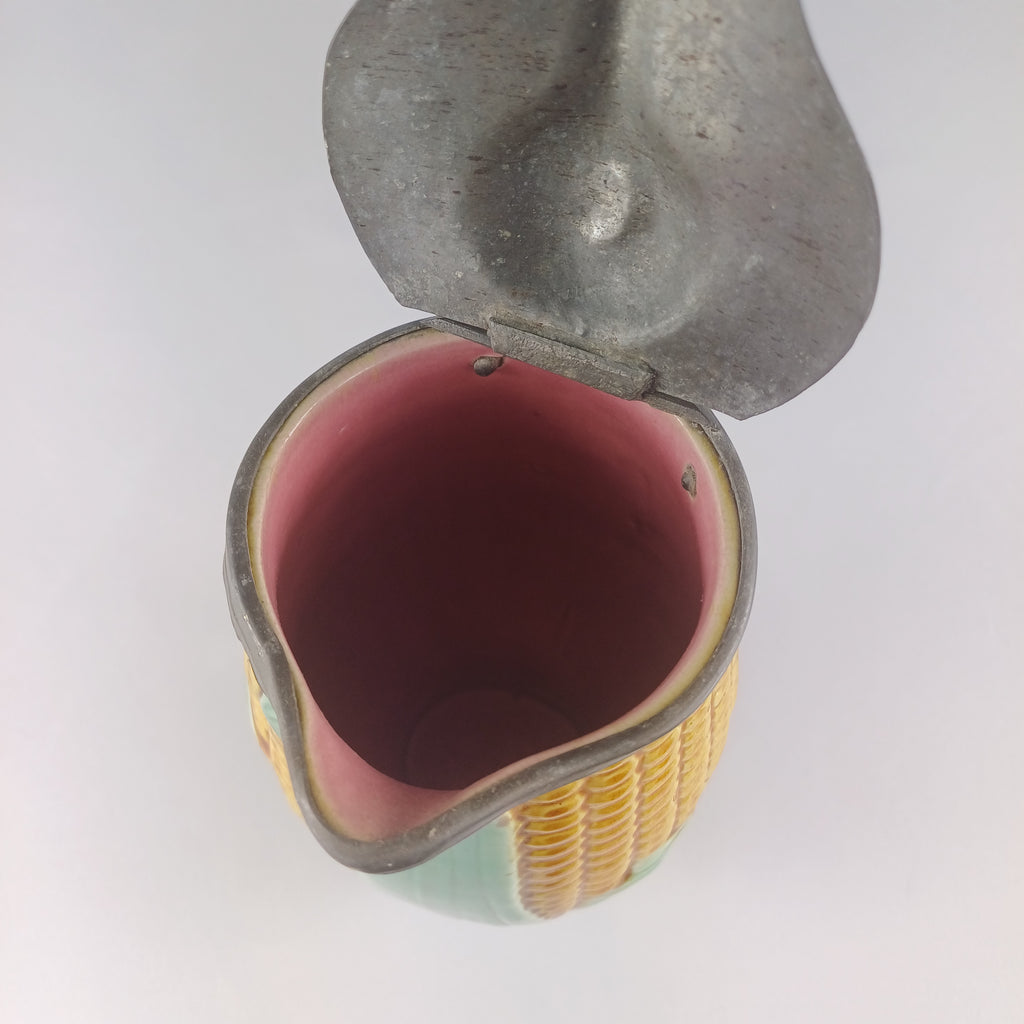 Majolica Sweetcorn Jug with Pewter Lid c1880