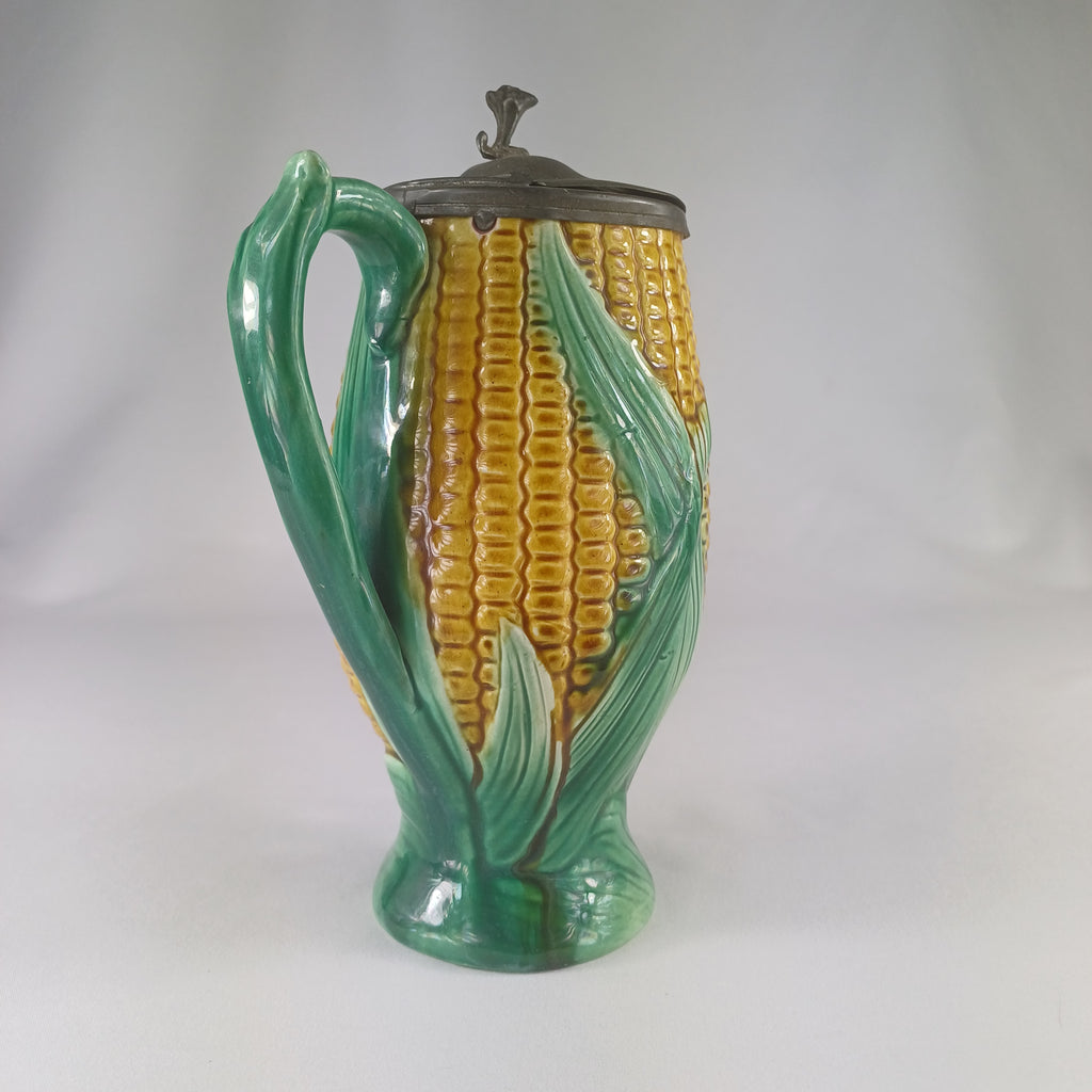 Majolica Sweetcorn Jug with Pewter Lid c1880