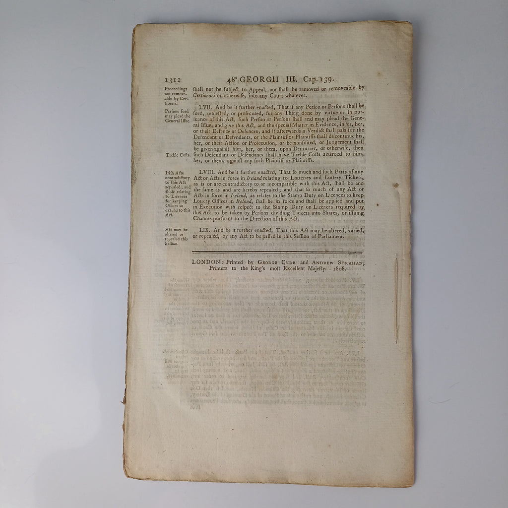 George III Act of Parliament for Lotteries 1808