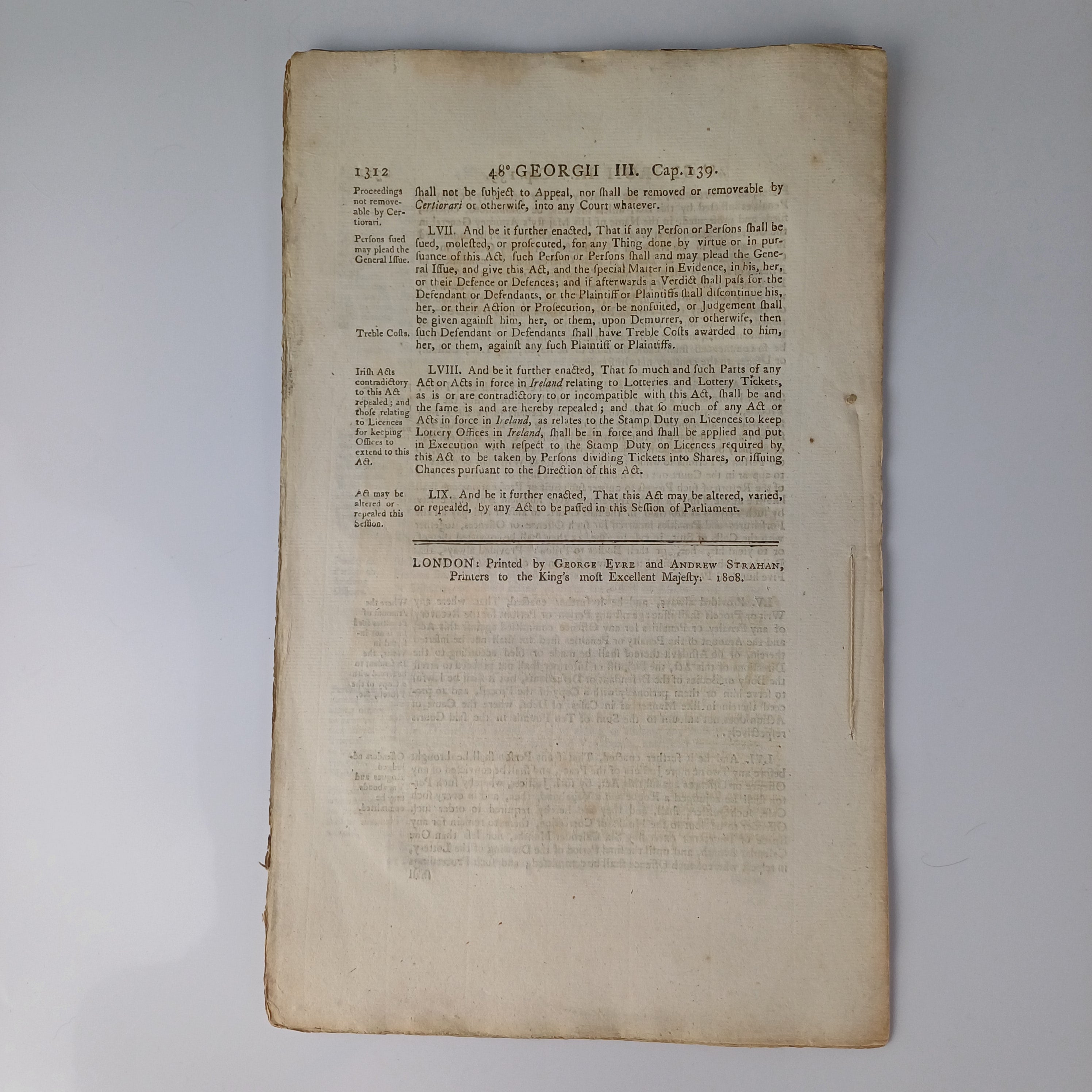 George III Act of Parliament for Lotteries 1808