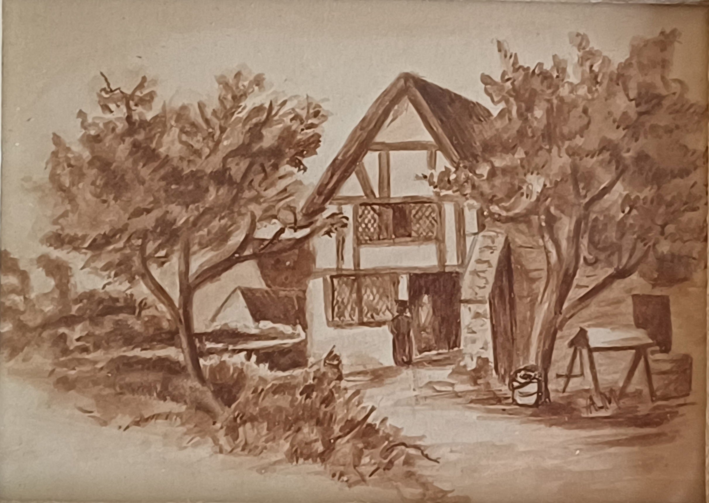 Miniture Charming Early 20th Century Sepia Ink Sketch – Tudor Cottage