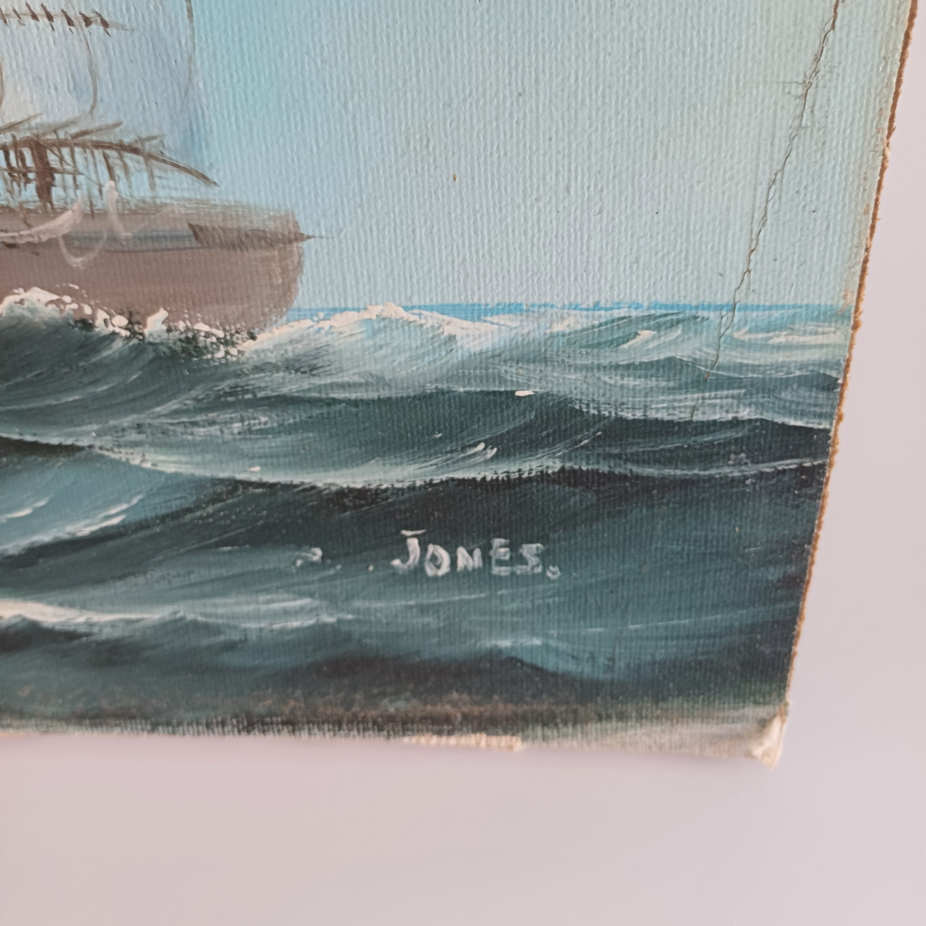 Mid Century Oil on Board – Ship at Sea Signed “Jones”