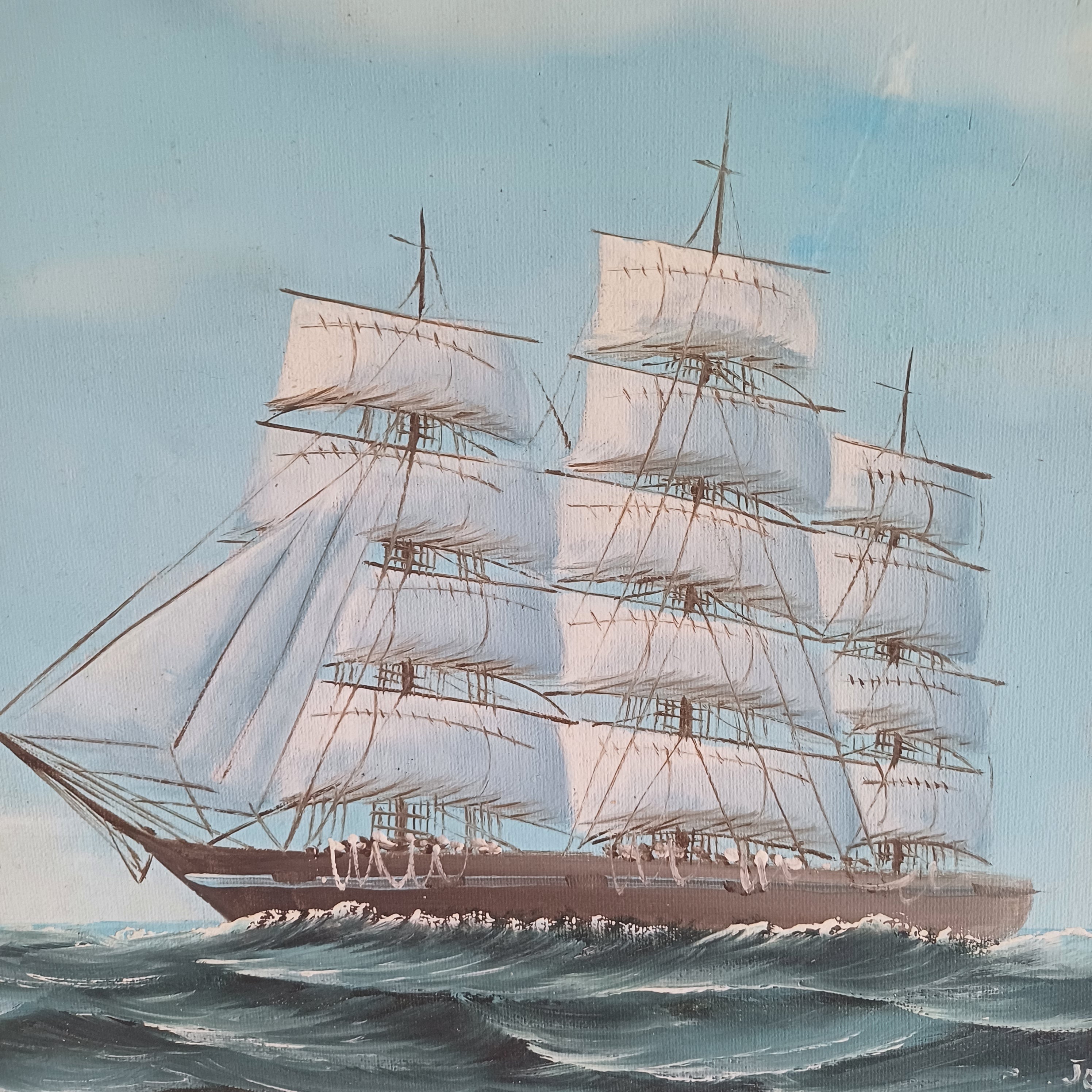 Mid Century Oil on Board – Ship at Sea Signed “Jones”