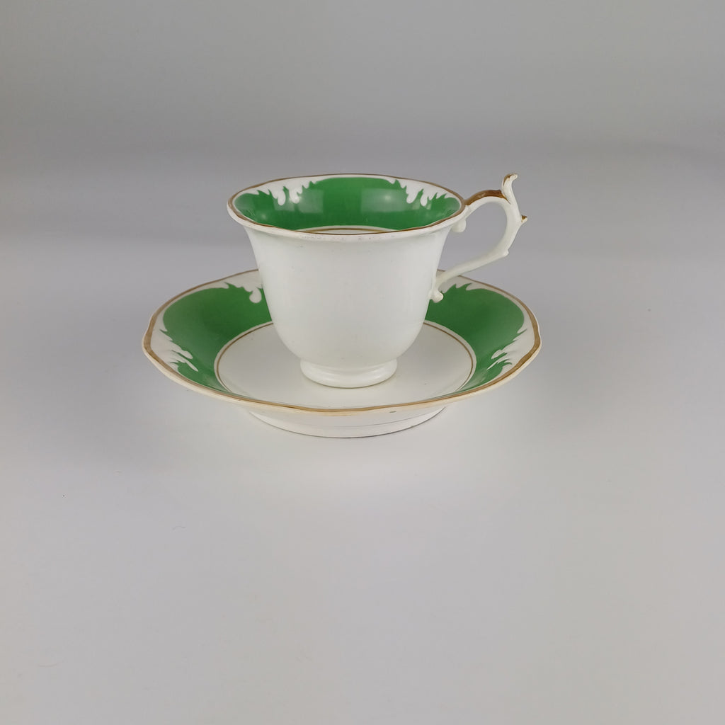 Rockingham Brameld Porcelain Green and White Teacup and Saucer c1830