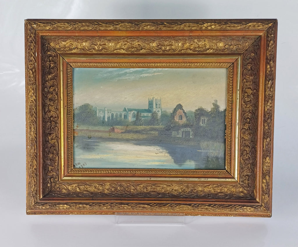 Painting on board of Christchurch Priory and the Norman House signed and dated 1905