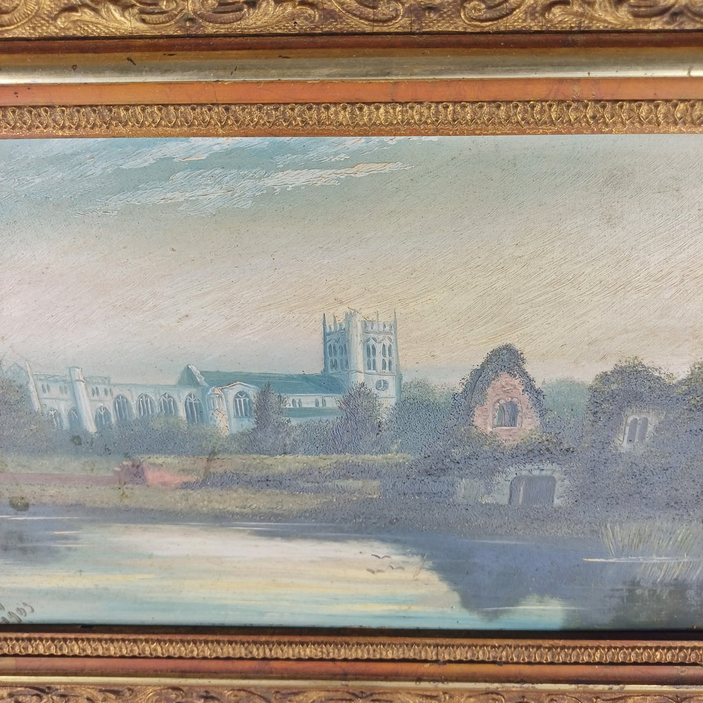 Painting on board of Christchurch Priory and the Norman House signed and dated 1905